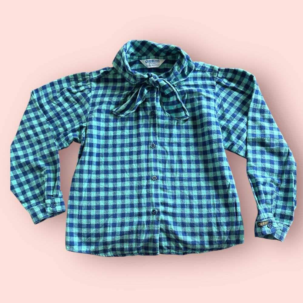 Vtg OshKosh B'Gosh Plaid Flannel Top Shirt Teal Girls Sz 12/14 Large Ascot Blue